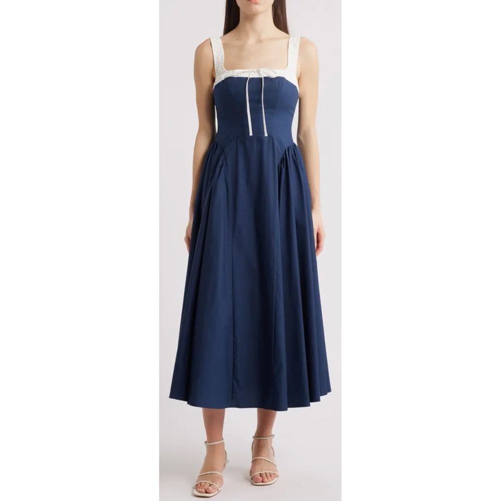 Moon River Blue White Smocked Fit Flare Midi Dress Cotton Milkmaid Cottage XS - Picture 11 of 16